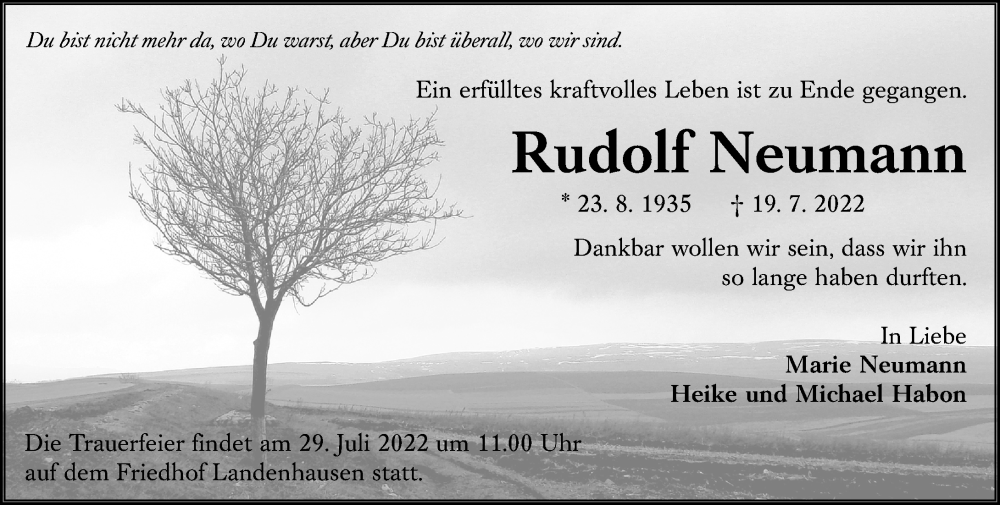  Traueranzeige für Rudolf Neumann vom 25.07.2022 aus Lauterbacher Anzeiger