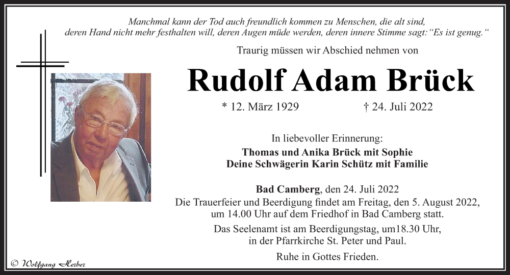  Traueranzeige für Rudolf Adam Brück vom 28.07.2022 aus Camberger Anzeiger