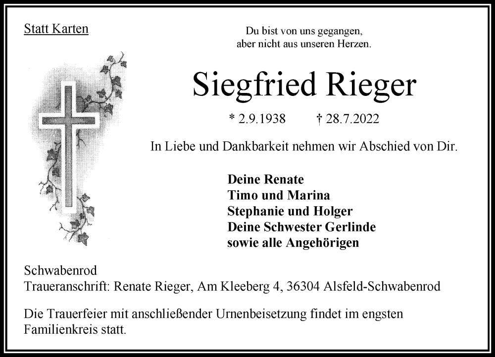  Traueranzeige für Siegfried Rieger vom 30.07.2022 aus Oberhessische Zeitung