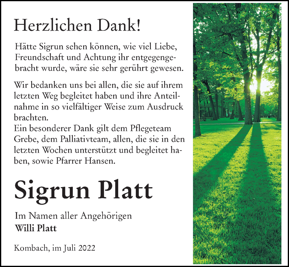  Traueranzeige für Sigrun Platt vom 18.07.2022 aus Hinterländer Anzeiger