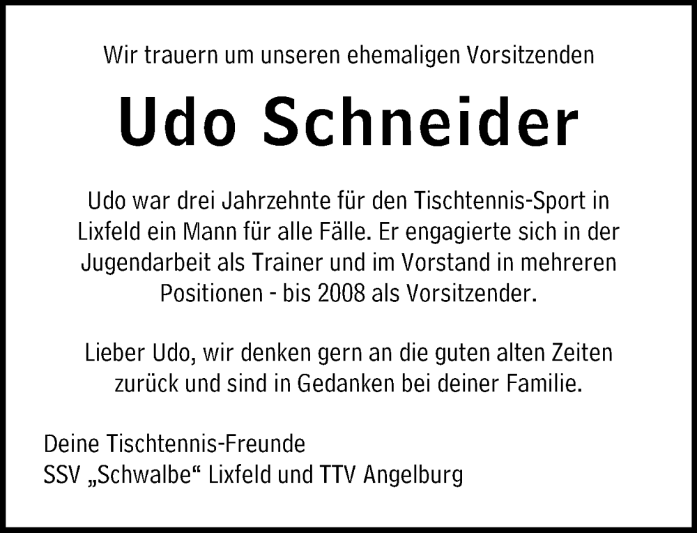  Traueranzeige für Udo Schneider vom 04.07.2022 aus Hinterländer Anzeiger