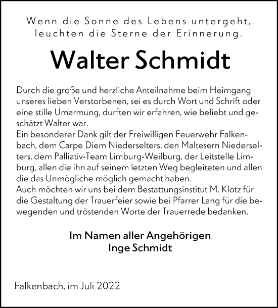 Traueranzeige von Walter Schmidt von Weilburger Tageblatt