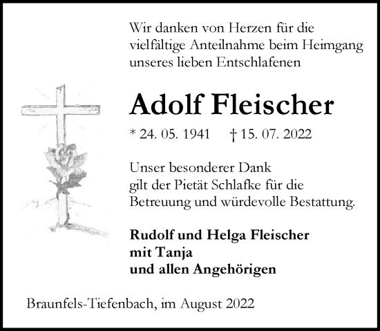 Traueranzeige von Adolf Fleischer von Wetzlarer Neue Zeitung