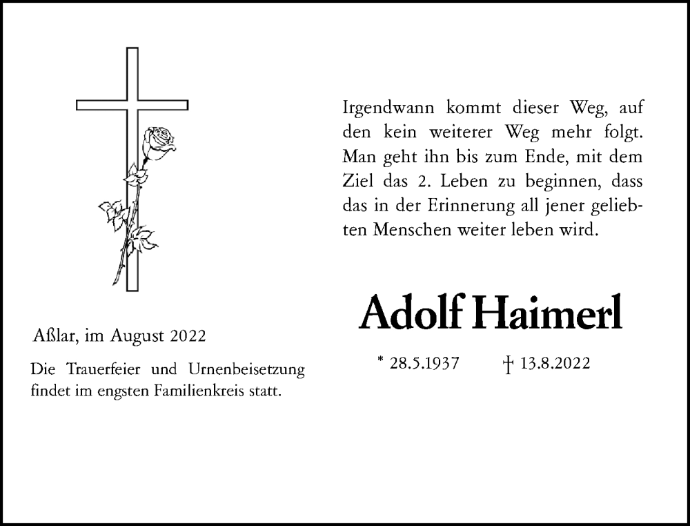  Traueranzeige für Adolf Haimerl vom 20.08.2022 aus Wetzlarer Neue Zeitung