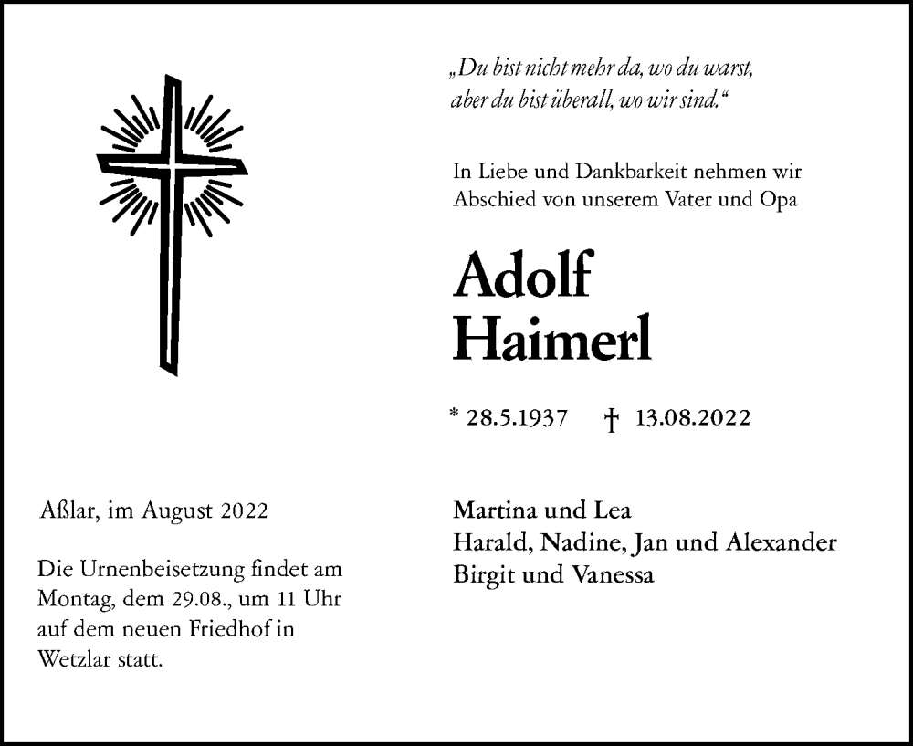  Traueranzeige für Adolf Haimerl vom 24.08.2022 aus Wetzlarer Neue Zeitung