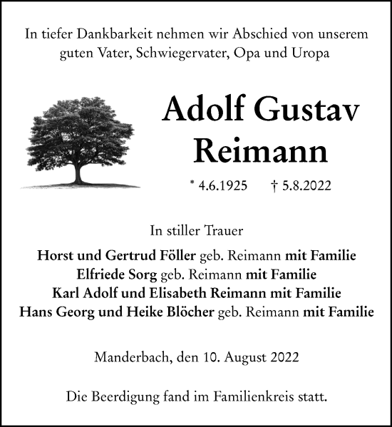 Traueranzeige von Adolf Gustav Reimann von Dill Block