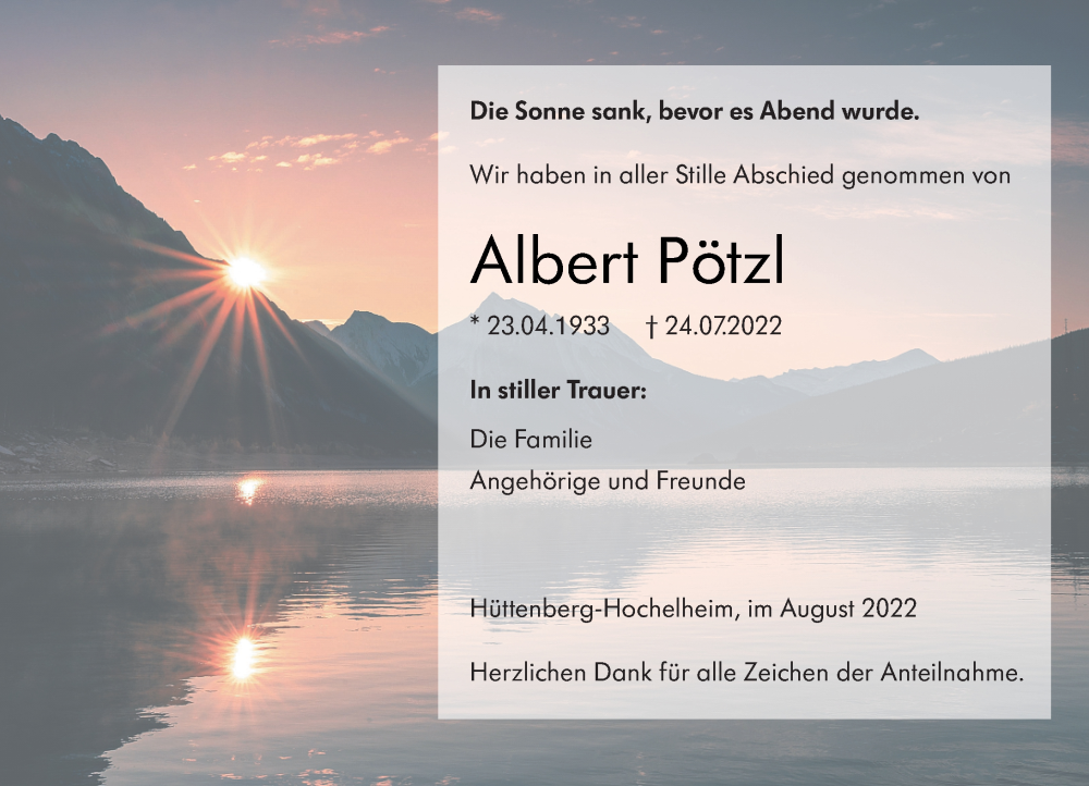  Traueranzeige für Albert Pötzl vom 06.08.2022 aus Wetzlarer Neue Zeitung