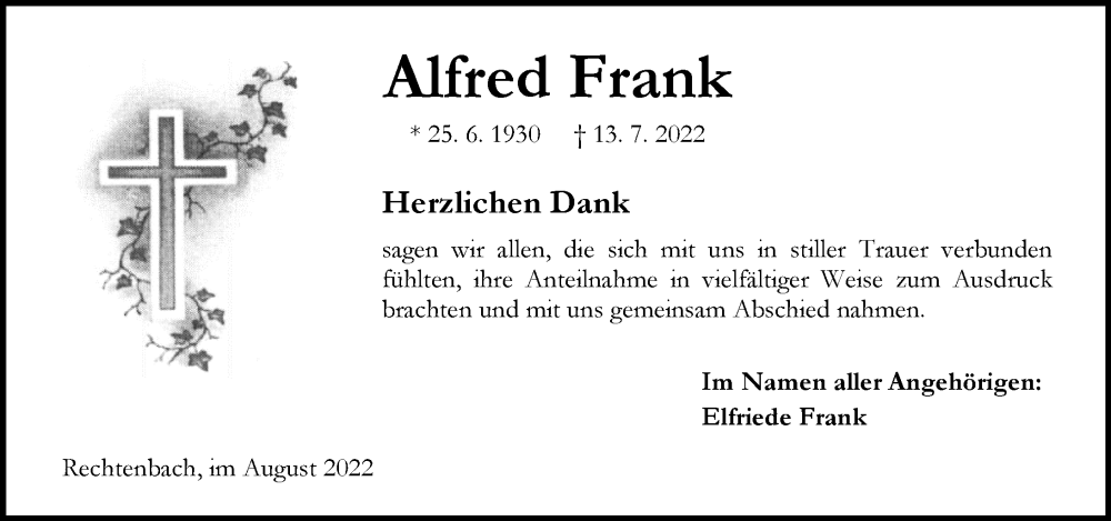  Traueranzeige für Alfred Frank vom 13.08.2022 aus Wetzlarer Neue Zeitung