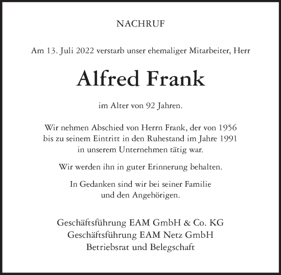 Traueranzeige von Alfred Frank von Wetzlarer Neue Zeitung
