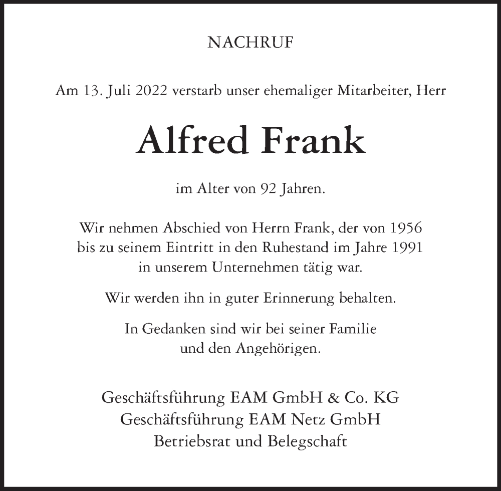  Traueranzeige für Alfred Frank vom 13.08.2022 aus Wetzlarer Neue Zeitung