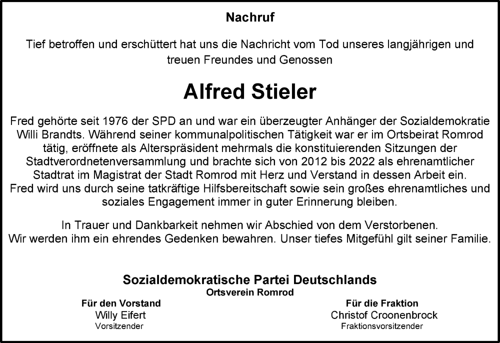  Traueranzeige für Alfred Stieler vom 16.08.2022 aus VRM Trauer