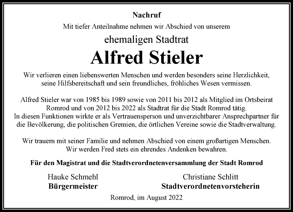  Traueranzeige für Alfred Stieler vom 13.08.2022 aus VRM Trauer