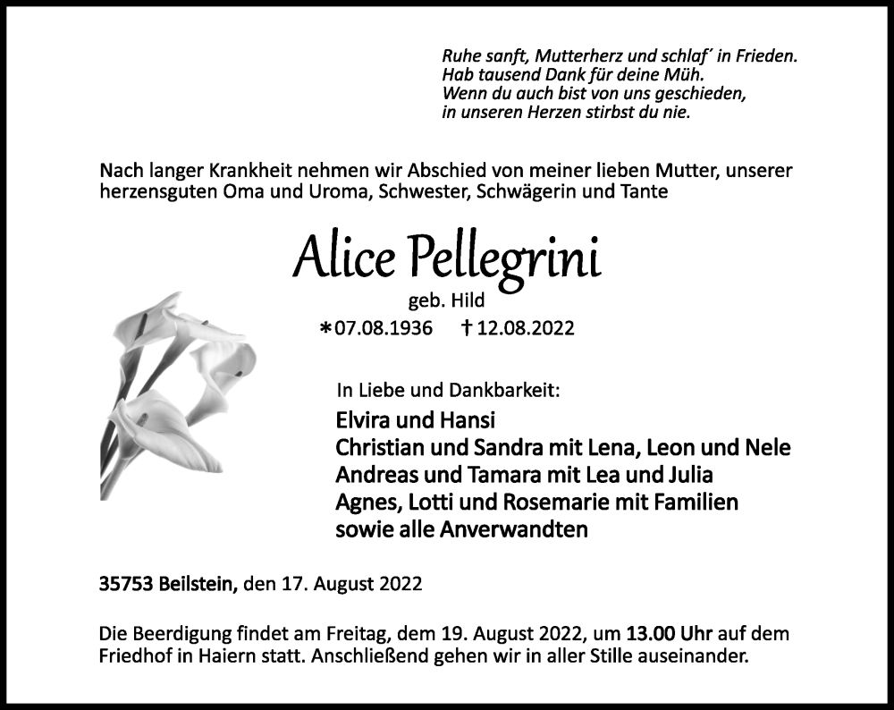  Traueranzeige für Alice Pellegrini vom 17.08.2022 aus Dill Block