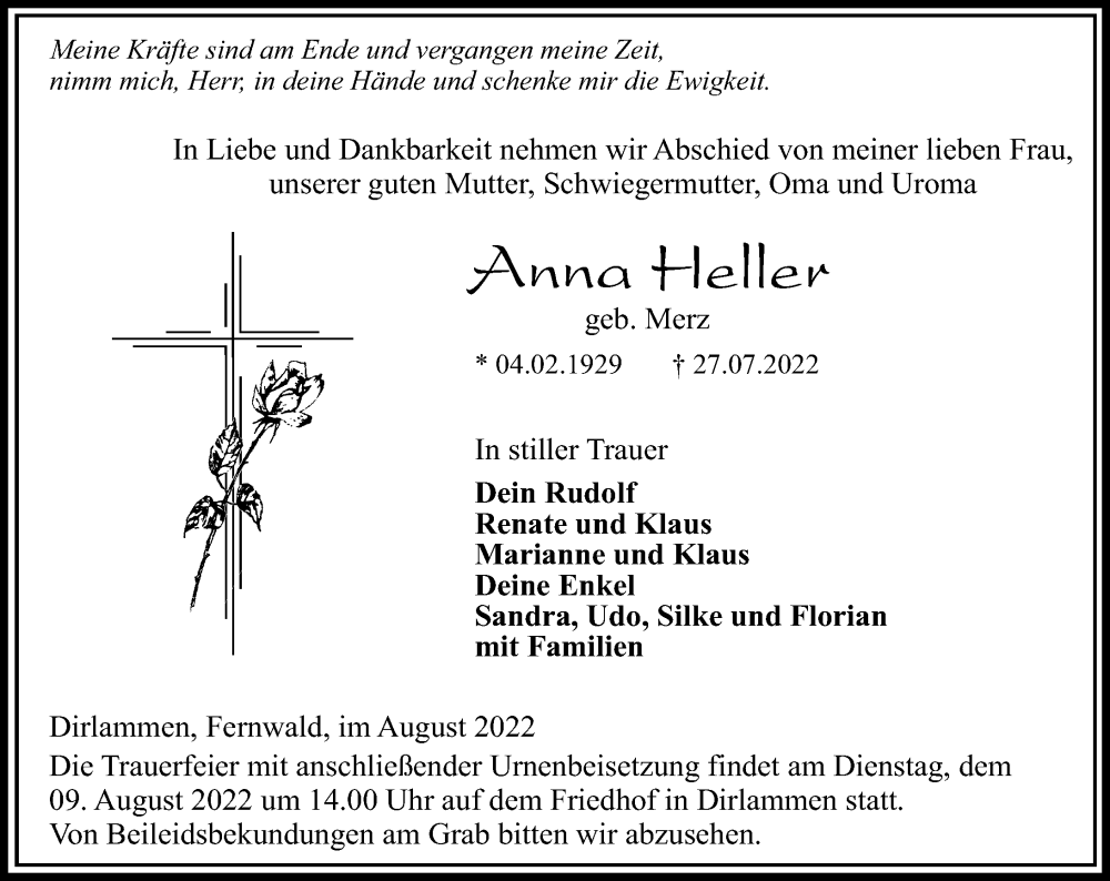  Traueranzeige für Anna Heller vom 06.08.2022 aus Lauterbacher Anzeiger