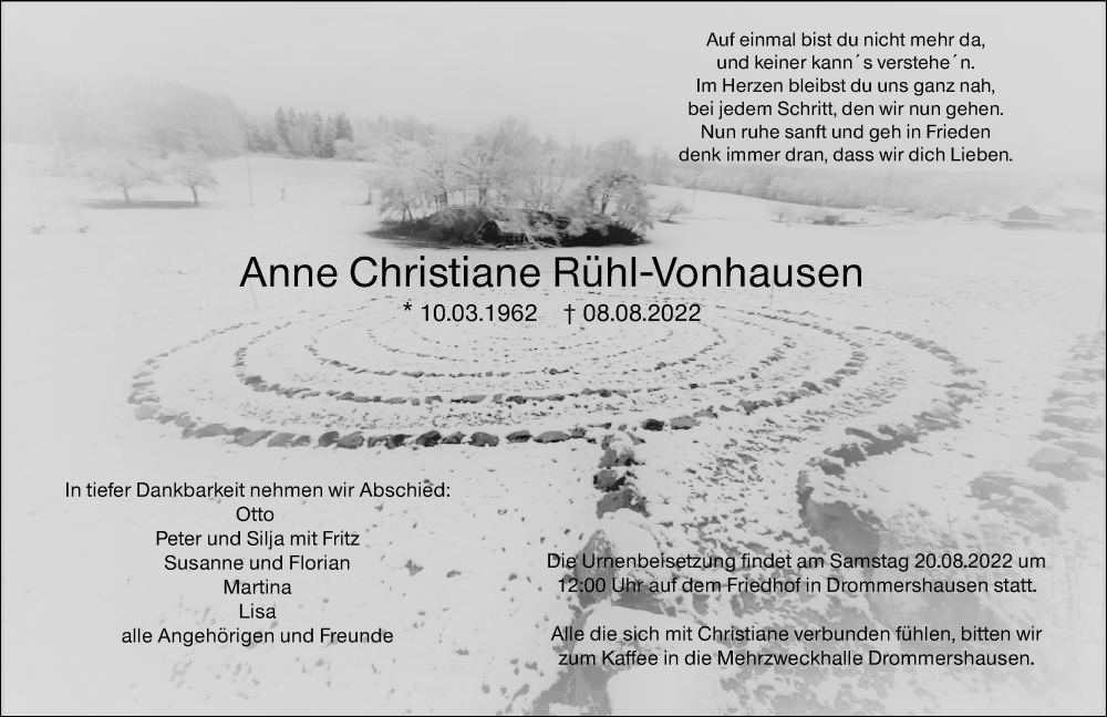  Traueranzeige für Anne Christiane Rühl-Vonhausen vom 17.08.2022 aus Weilburger Tageblatt