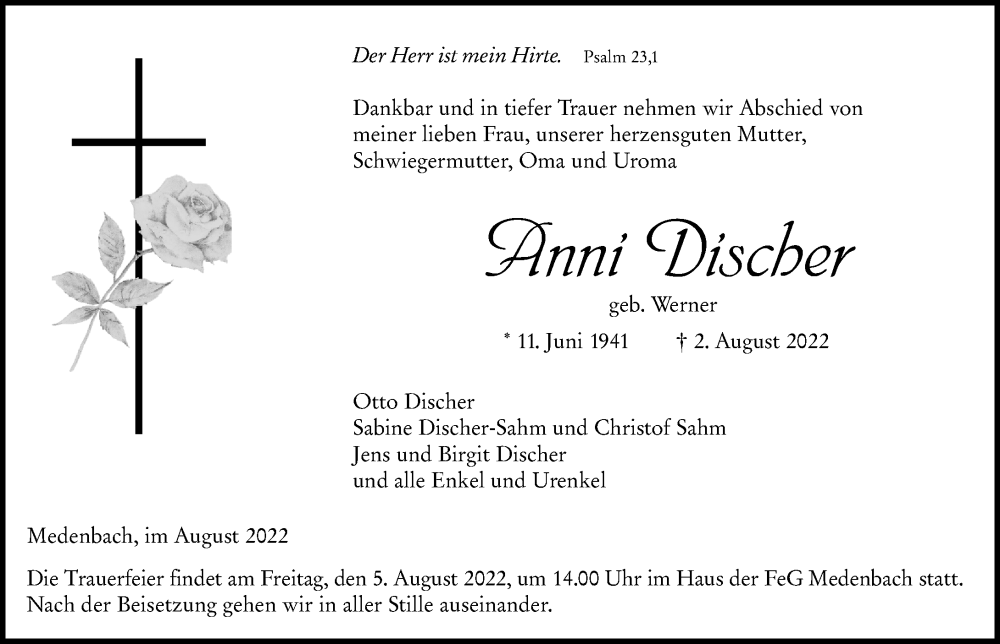  Traueranzeige für Anni Discher vom 05.08.2022 aus Dill Block