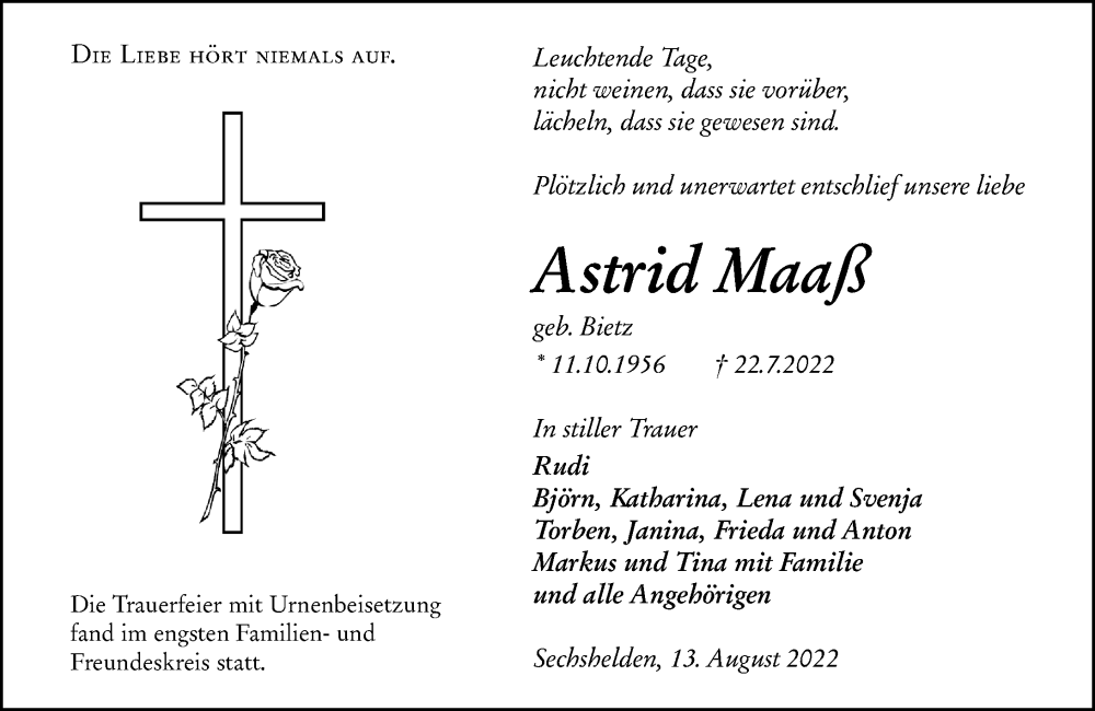  Traueranzeige für Astrid Maaß vom 13.08.2022 aus Dill Block