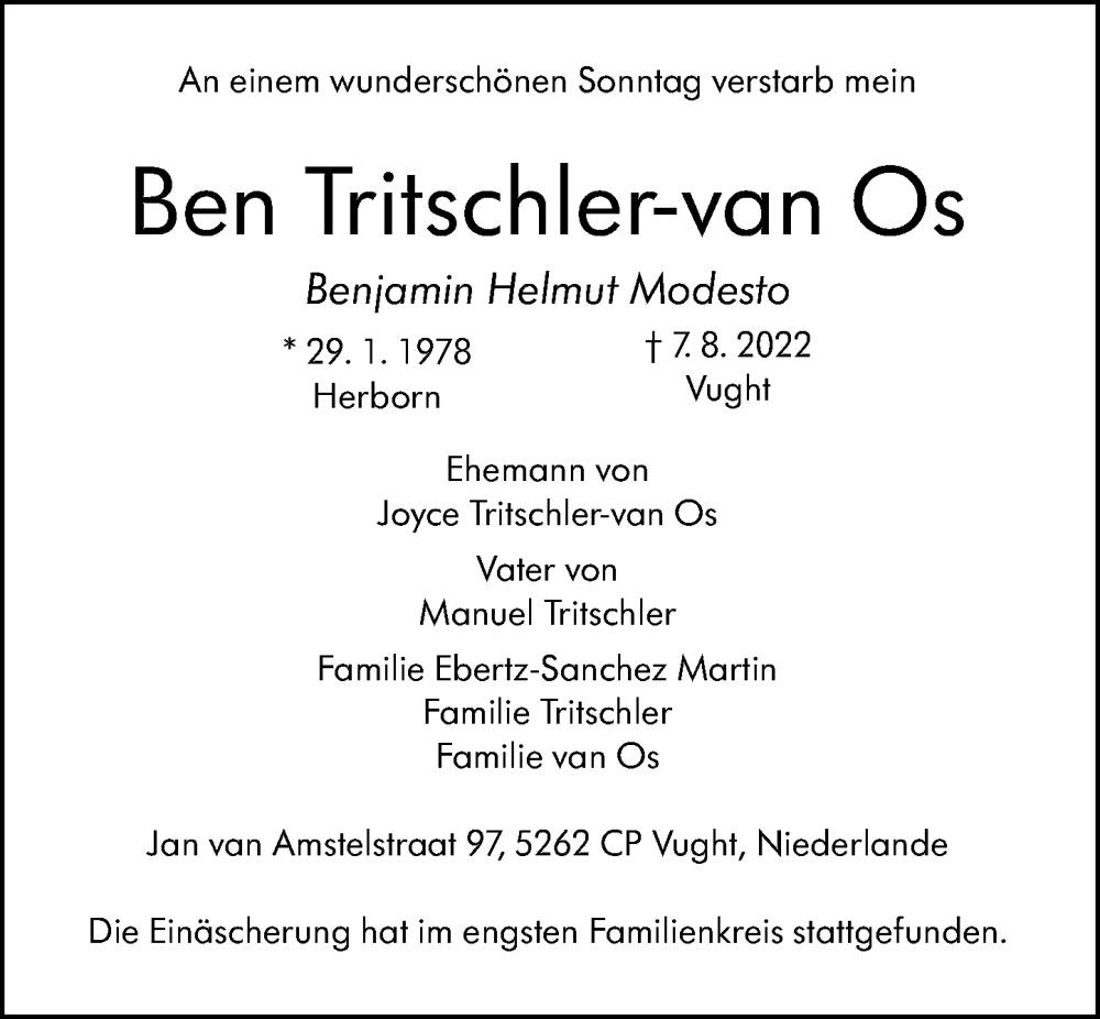  Traueranzeige für Ben Tritschler-van Os vom 12.08.2022 aus Dill Block