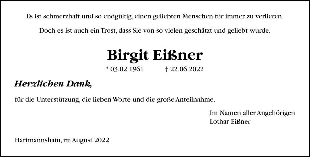  Traueranzeige für Birgit Eißner vom 13.08.2022 aus Lauterbacher Anzeiger