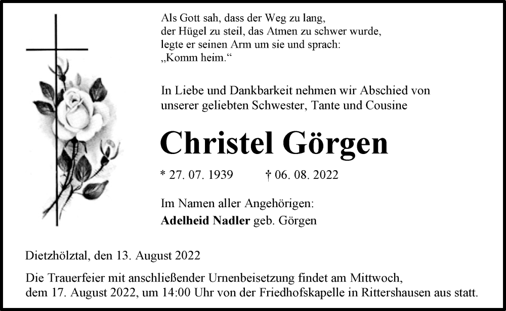  Traueranzeige für Christel Görgen vom 13.08.2022 aus Dill Block