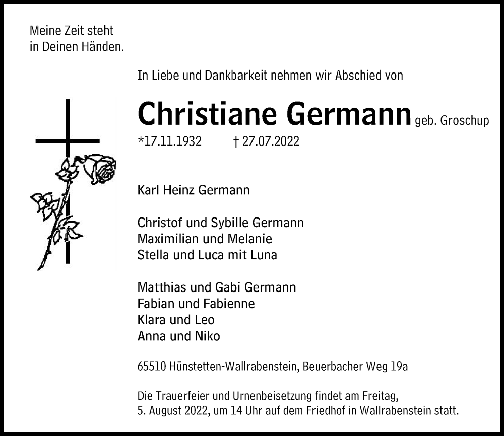  Traueranzeige für Christiane Germann vom 04.08.2022 aus Camberger Anzeiger
