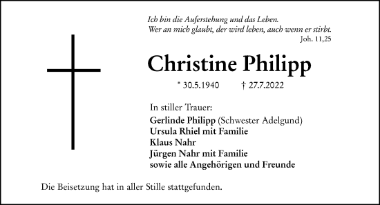 Traueranzeige von Christine Philipp von Wetzlarer Neue Zeitung