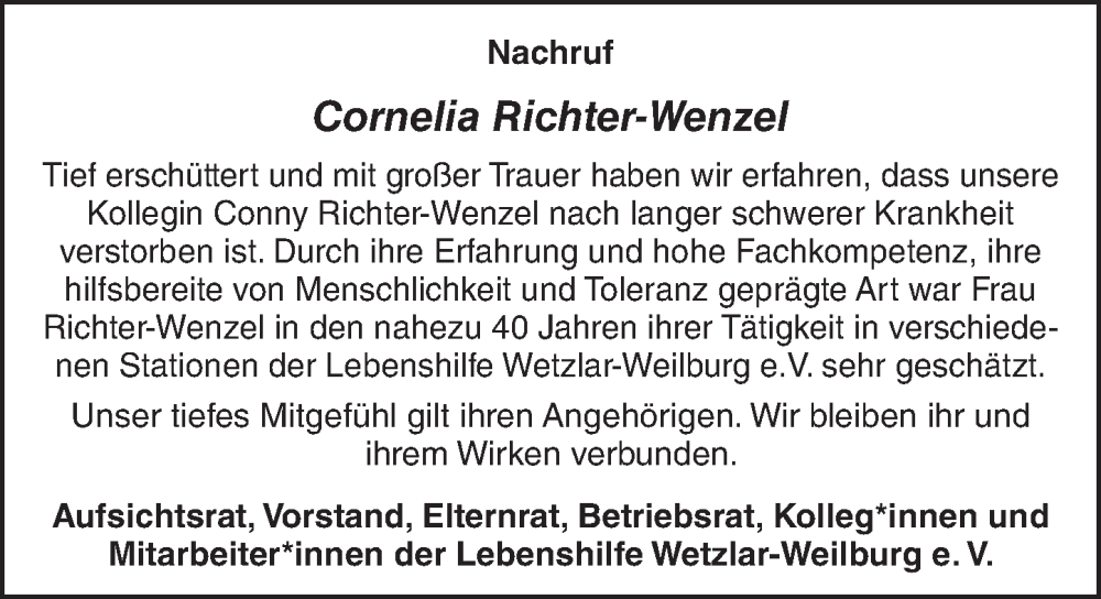  Traueranzeige für Cornelia Richter-Wenzel vom 10.08.2022 aus Weilburger Tageblatt
