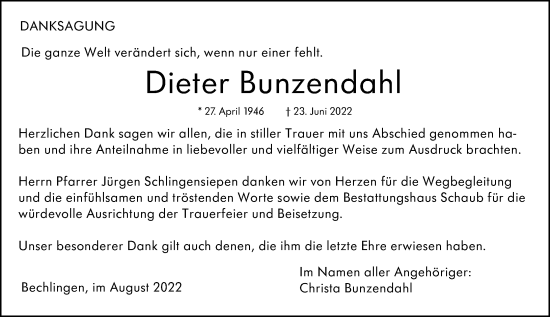 Traueranzeige von Dieter Bunzendahl von Wetzlarer Neue Zeitung