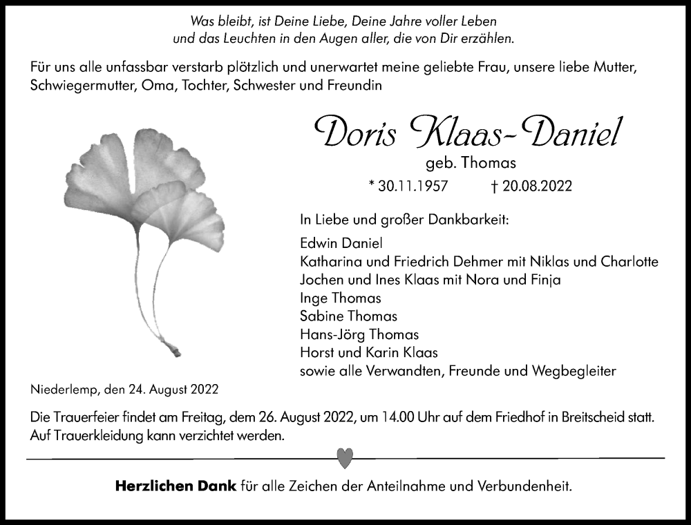  Traueranzeige für Doris Klaas-Daniel vom 24.08.2022 aus Dill Block