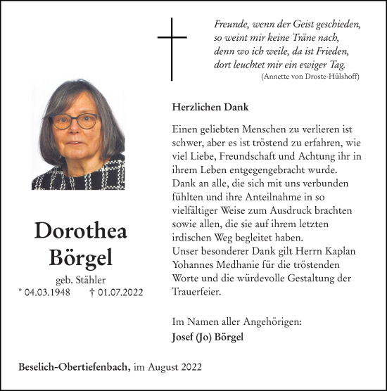 Traueranzeige von Dorothea Börgel von Weilburger Tageblatt