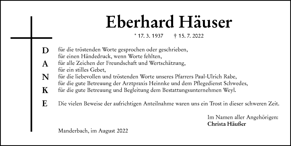 Traueranzeige für Eberhard Häuser vom 13.08.2022 aus Dill Block