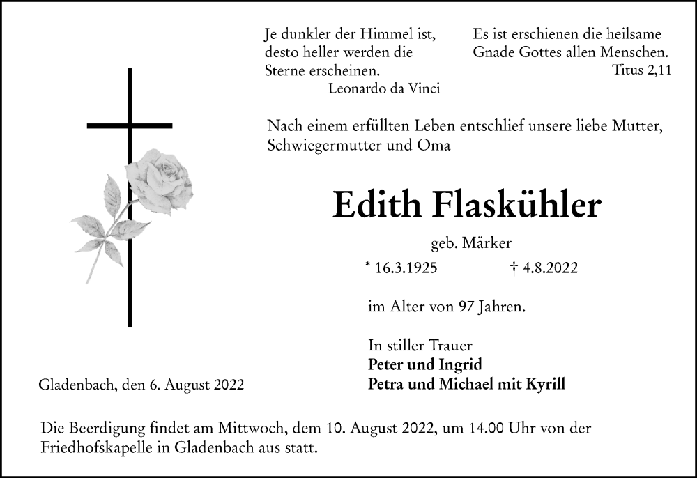  Traueranzeige für Edith Flaskühler vom 06.08.2022 aus Hinterländer Anzeiger
