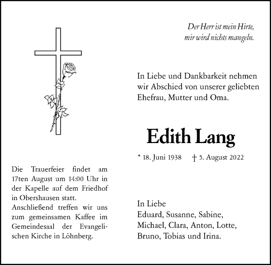 Traueranzeige von Edith Lang von Weilburger Tageblatt