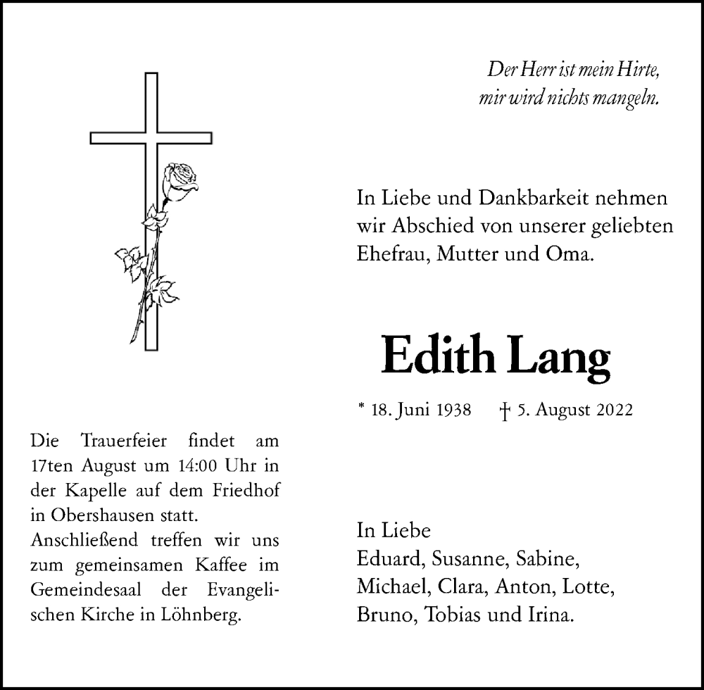  Traueranzeige für Edith Lang vom 11.08.2022 aus Weilburger Tageblatt