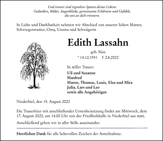 Traueranzeige von Edith Lassahn von Wetzlarer Neue Zeitung