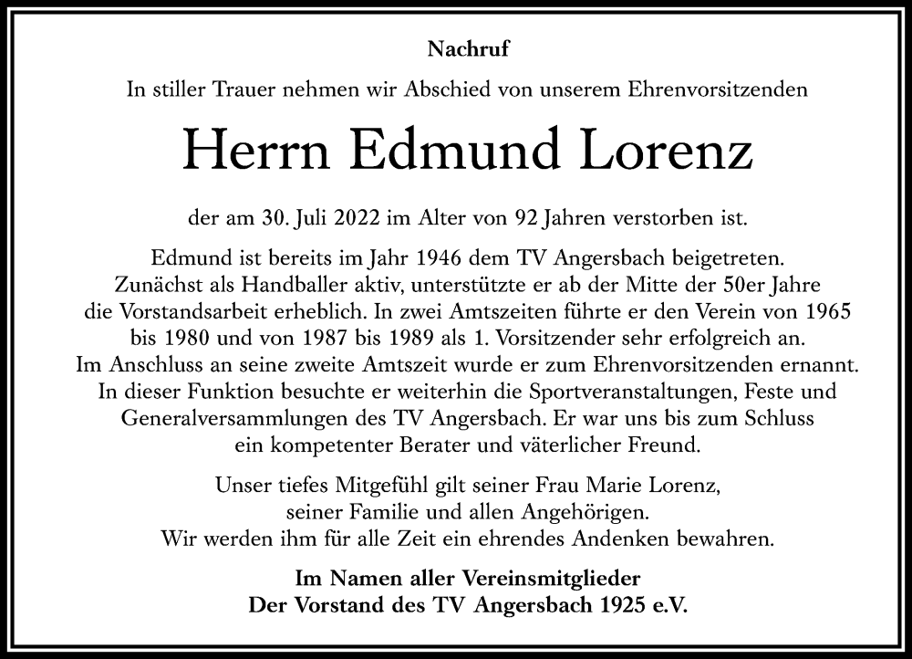  Traueranzeige für Edmund Lorenz vom 03.08.2022 aus Lauterbacher Anzeiger
