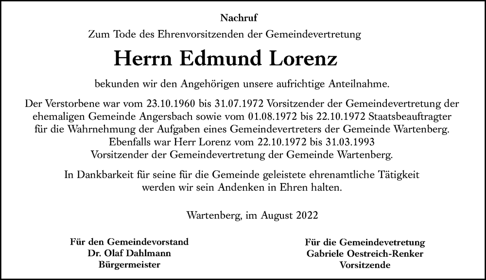  Traueranzeige für Edmund Lorenz vom 05.08.2022 aus Lauterbacher Anzeiger