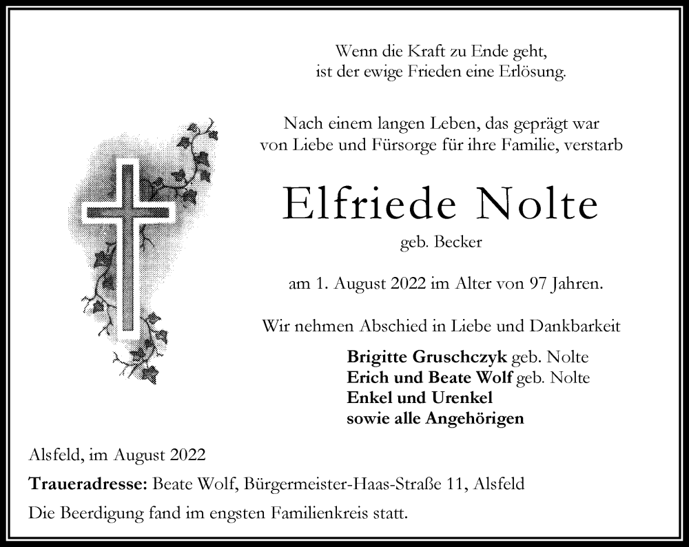  Traueranzeige für Elfriede Nolte vom 06.08.2022 aus Oberhessische Zeitung