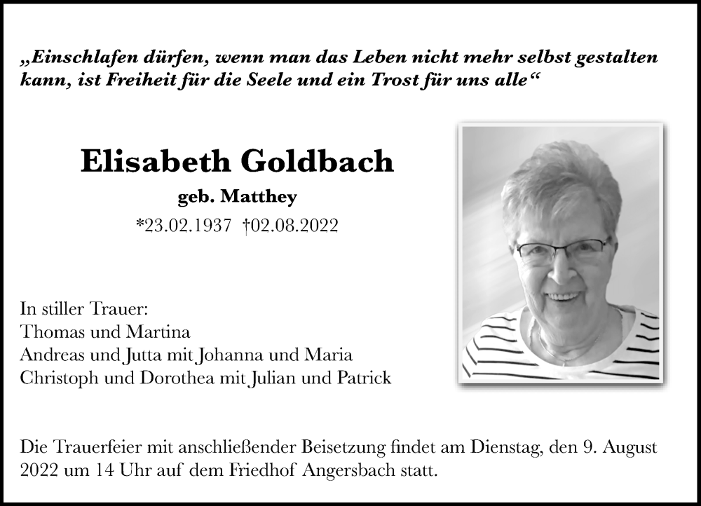  Traueranzeige für Elisabeth Goldbach vom 06.08.2022 aus Lauterbacher Anzeiger