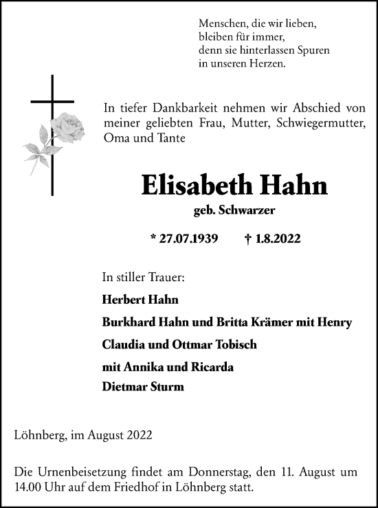 Traueranzeige von Elisabeth Hahn von Weilburger Tageblatt