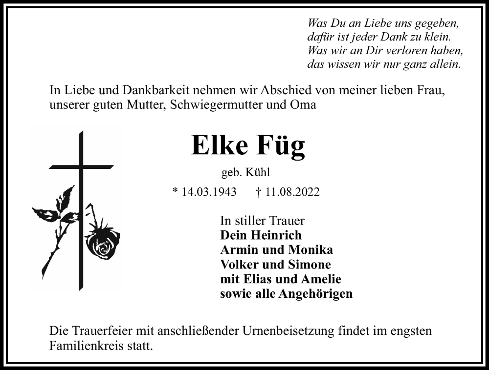  Traueranzeige für Elke Füg vom 17.08.2022 aus Lauterbacher Anzeiger