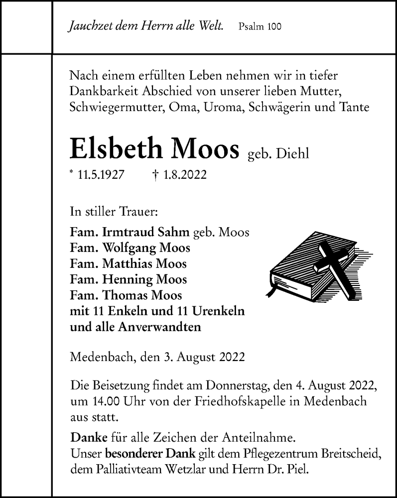  Traueranzeige für Elsbeth Moos vom 03.08.2022 aus Dill Block