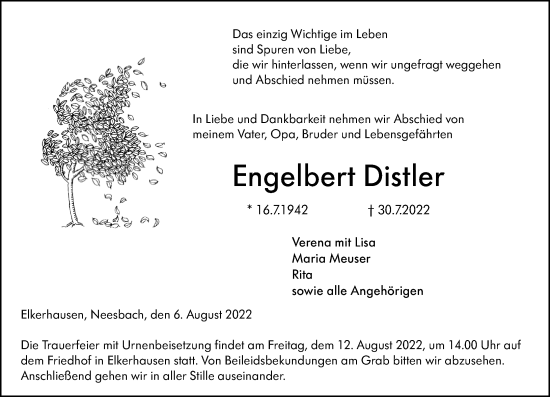 Traueranzeige von Engelbert Distler von Weilburger Tageblatt