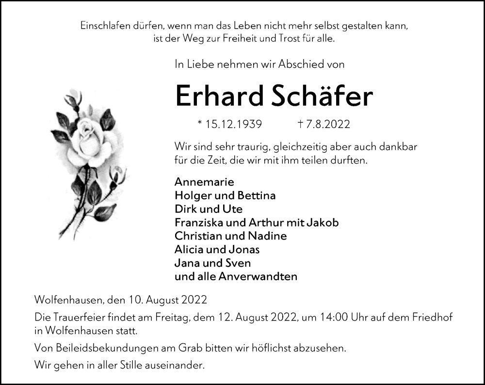  Traueranzeige für Erhard Schäfer vom 10.08.2022 aus Weilburger Tageblatt