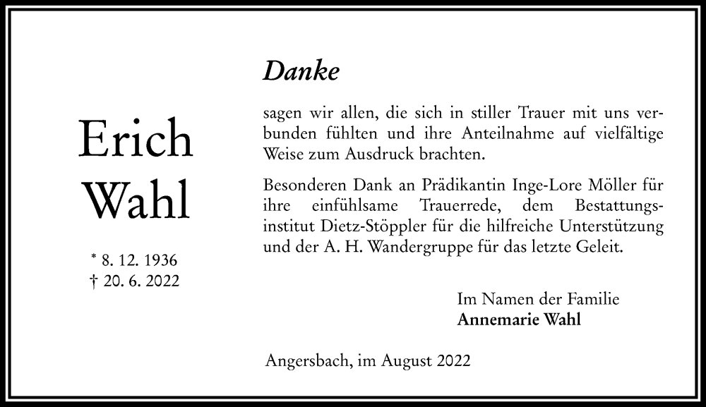  Traueranzeige für Erich Wahl vom 06.08.2022 aus Lauterbacher Anzeiger