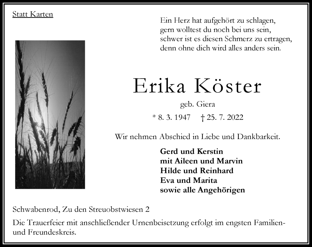  Traueranzeige für Erika Köster vom 13.08.2022 aus Oberhessische Zeitung