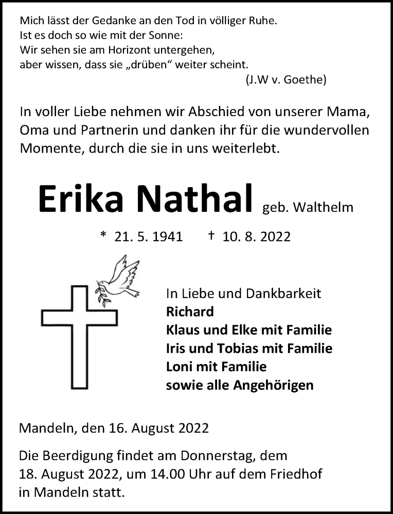  Traueranzeige für Erika Nathal vom 16.08.2022 aus Dill Block