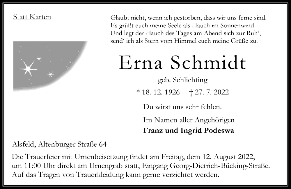 Traueranzeige für Erna Schmidt vom 09.08.2022 aus Oberhessische Zeitung