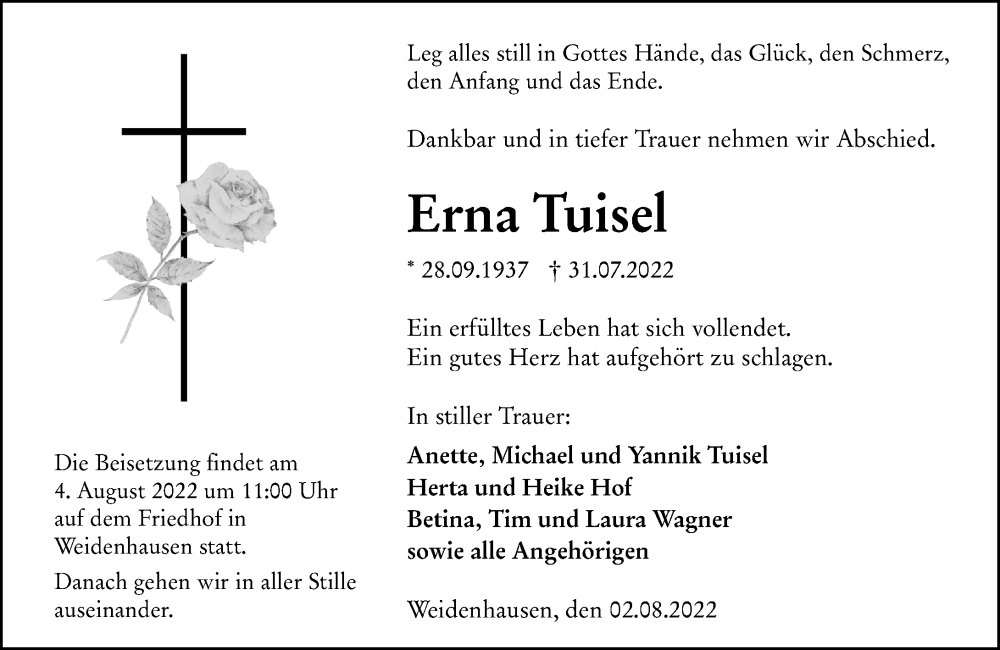  Traueranzeige für Erna Tuisel vom 02.08.2022 aus Hinterländer Anzeiger