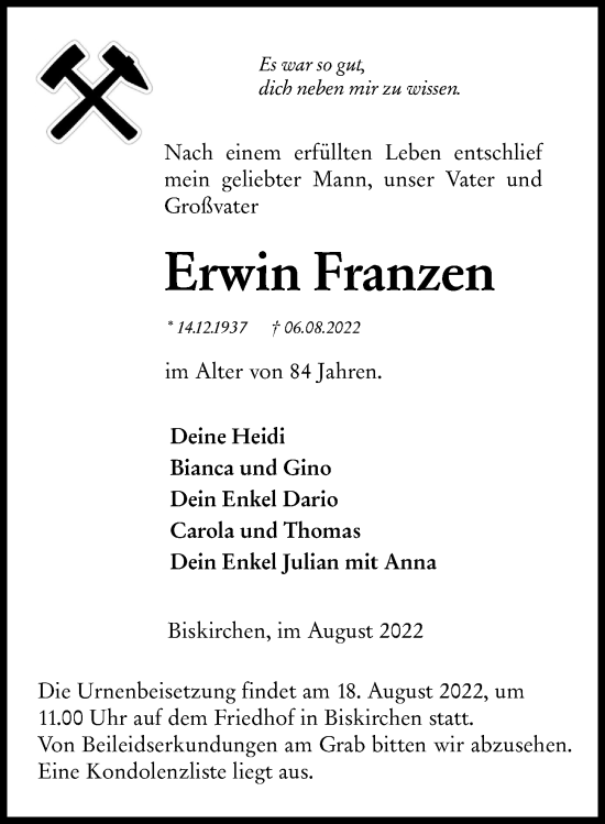 Traueranzeige von Erwin Franzen von Wetzlarer Neue Zeitung